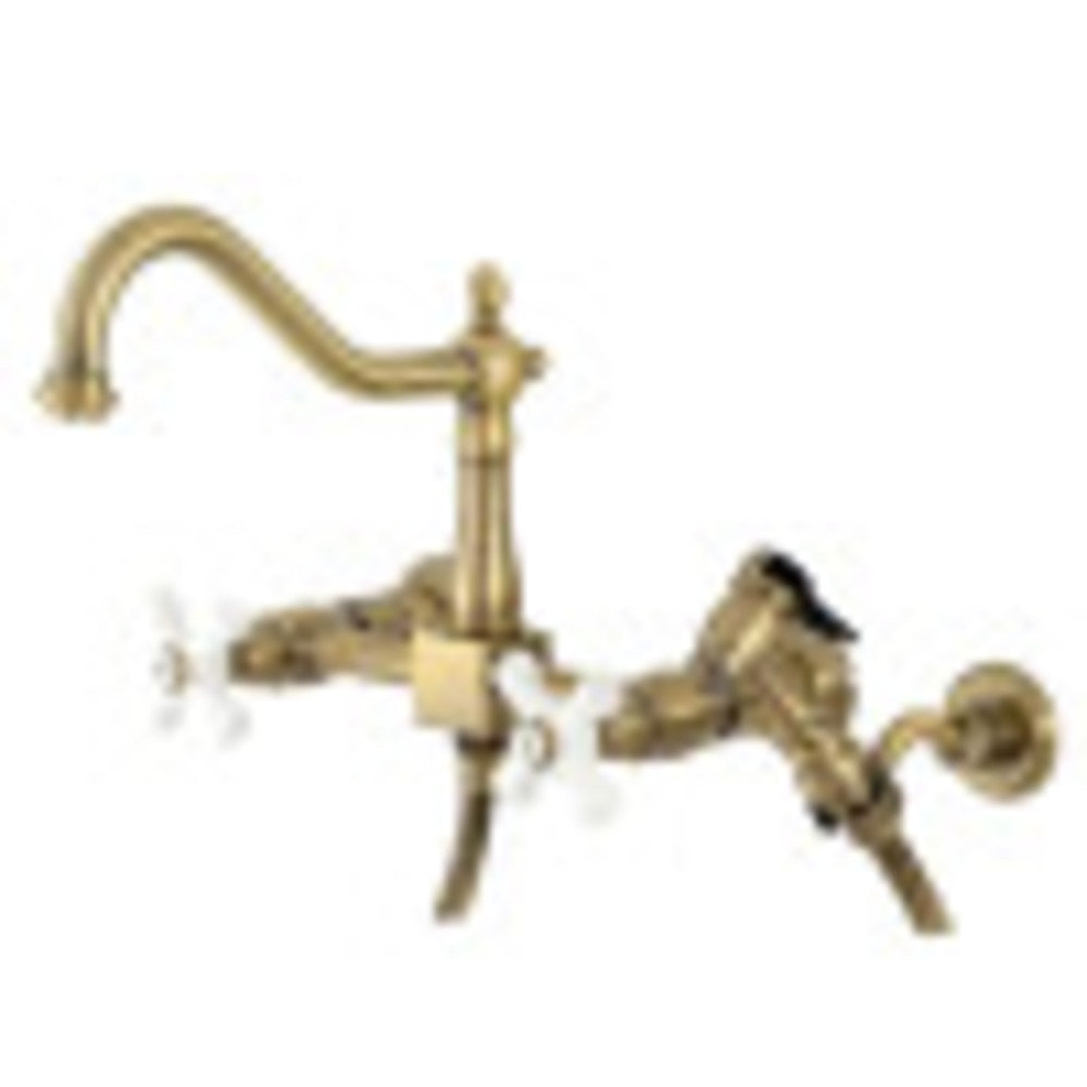 Kingston Brass KS1243PXBS Heritage Two-Handle Wall Mount Bridge Kitchen Faucet with Brass Sprayer, Antique Brass - BNGBath