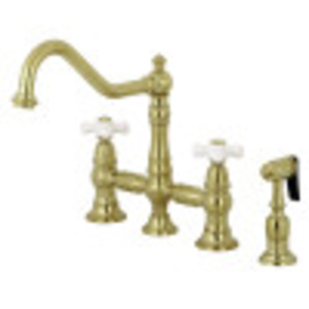 Kingston Brass KS3277PXBS Restoration 8-Inch Bridge Kitchen Faucet with Sprayer, Brushed Brass - BNGBath