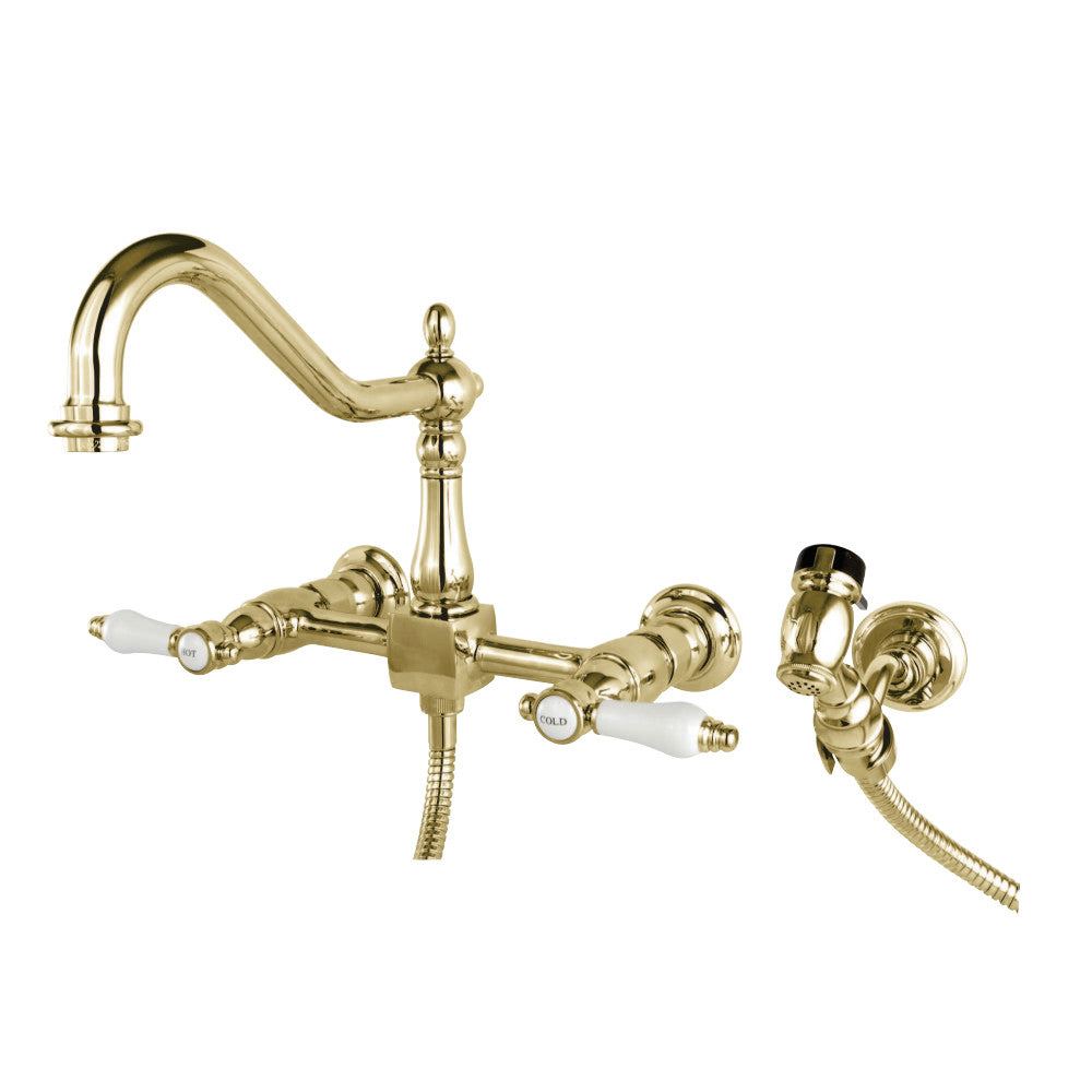 Kingston Brass KS1242BPLBS Bel-Air Wall Mount Bridge Kitchen Faucet with Brass Sprayer, Polished Brass - BNGBath