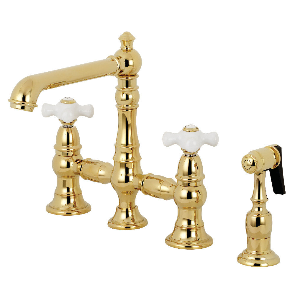 Kingston Brass KS7272PXBS English Country 8" Bridge Kitchen Faucet with Sprayer, Polished Brass - BNGBath