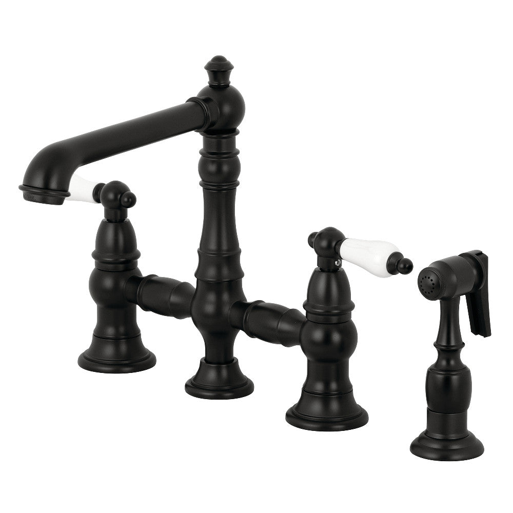 Kingston Brass KS7270PLBS English Country 8" Bridge Kitchen Faucet with Sprayer, Matte Black - BNGBath