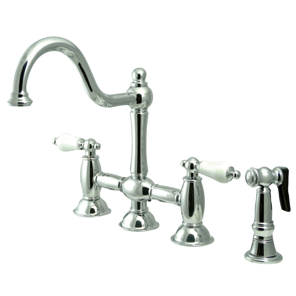 Kingston Brass KS3791PLBS Restoration Bridge Kitchen Faucet with Brass Sprayer, Polished Chrome - BNGBath