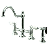 Thumbnail for Kingston Brass KS3791PLBS Restoration Bridge Kitchen Faucet with Brass Sprayer, Polished Chrome - BNGBath