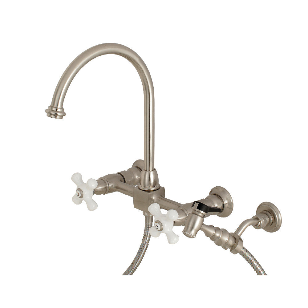 Kingston Brass KS1298PXBS Restoration Wall Mount Bridge Kitchen Faucet with Brass Sprayer, Brushed Nickel - BNGBath