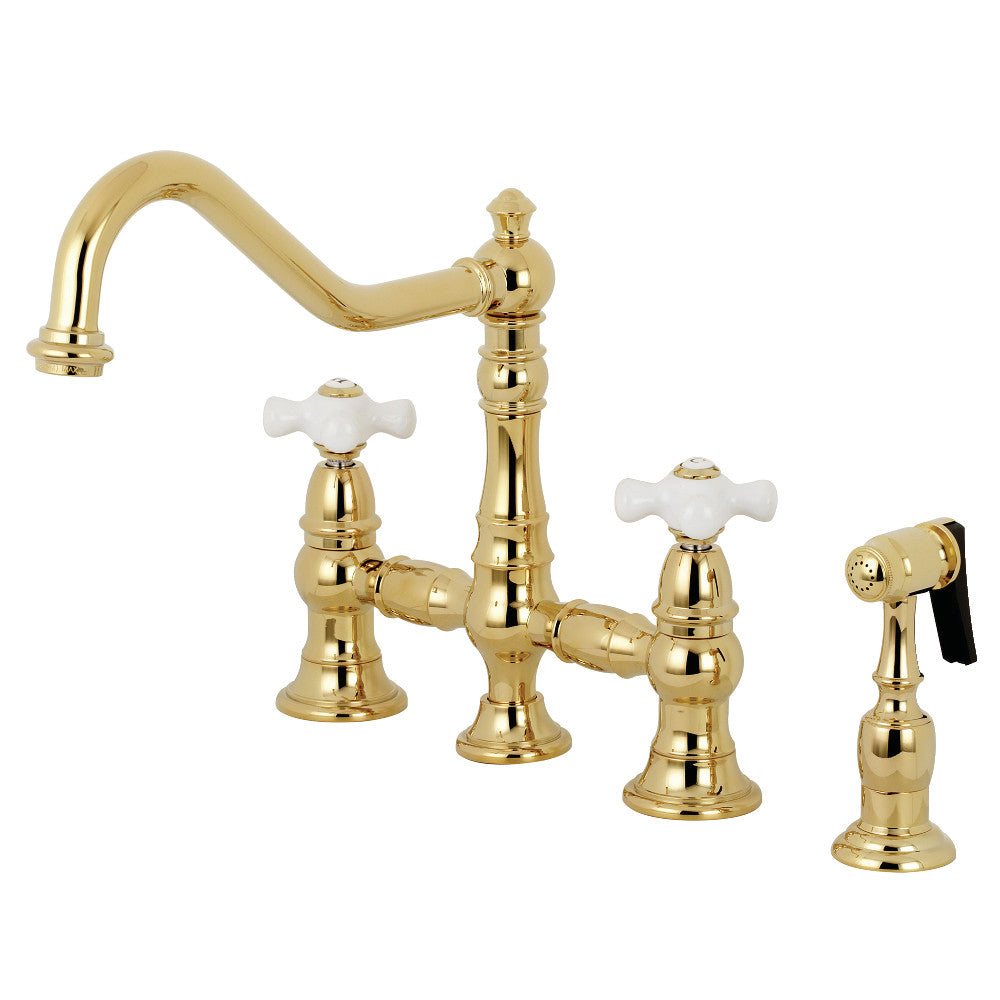 Kingston Brass KS3272PXBS Restoration 8" Bridge Kitchen Faucet with Sprayer, Polished Brass - BNGBath