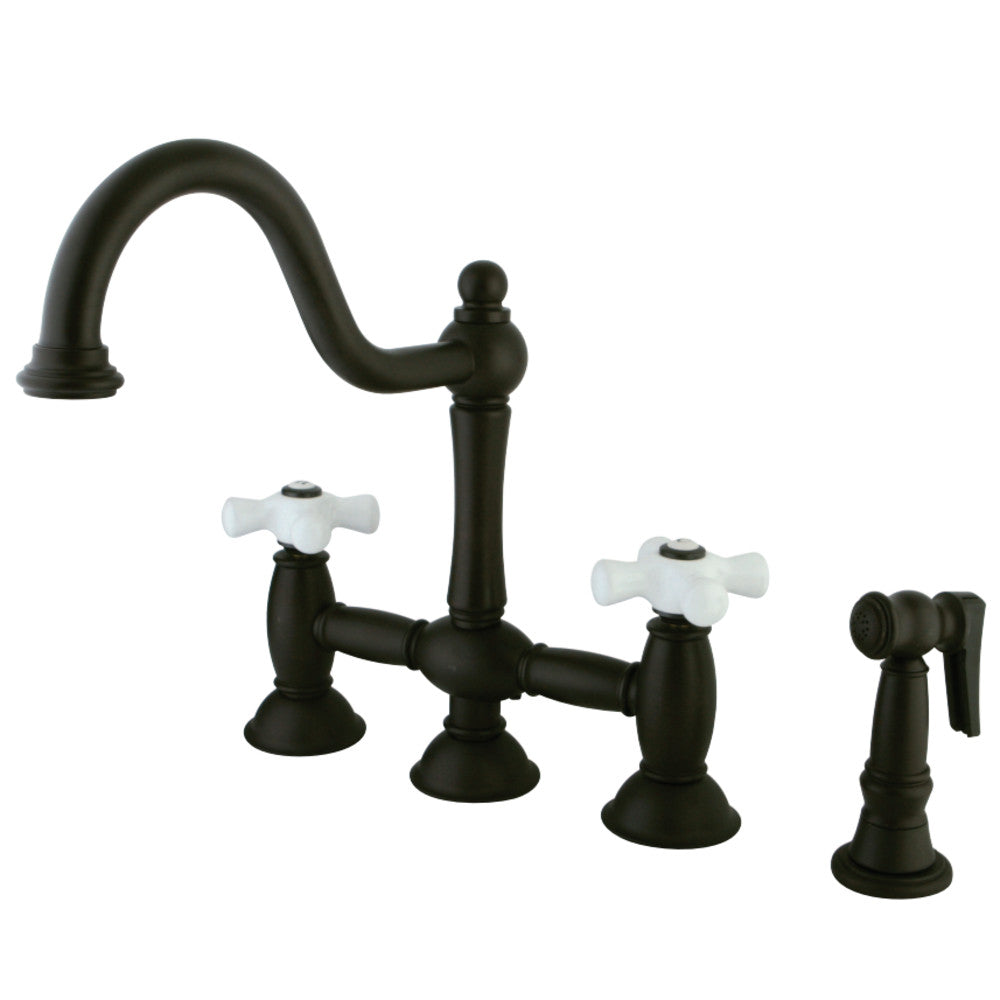 Kingston Brass KS3795PXBS Restoration Bridge Kitchen Faucet with Brass Sprayer, Oil Rubbed Bronze - BNGBath