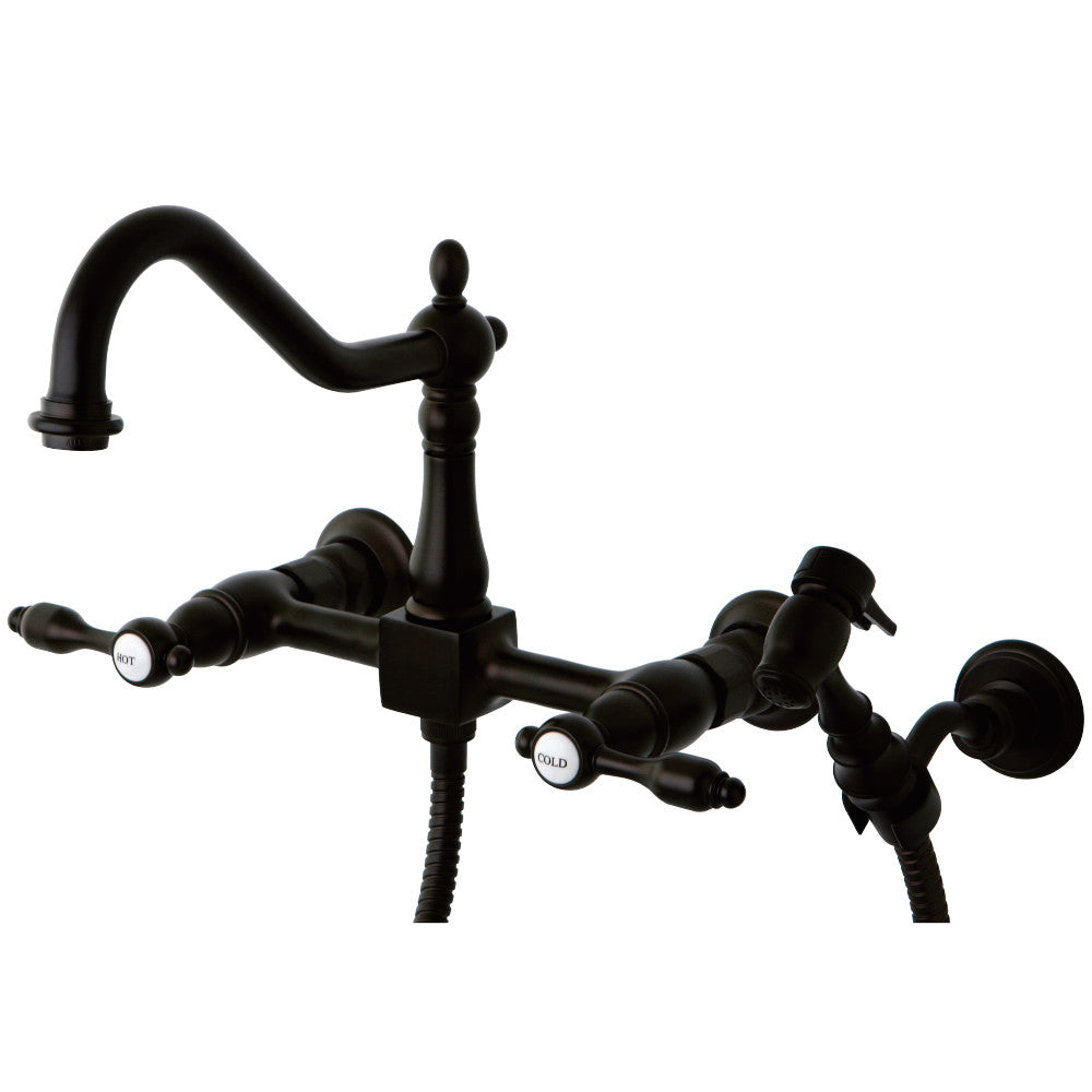 Kingston Brass KS1245TALBS Tudor Wall Mount Bridge Kitchen Faucet with Brass Sprayer, Oil Rubbed Bronze - BNGBath