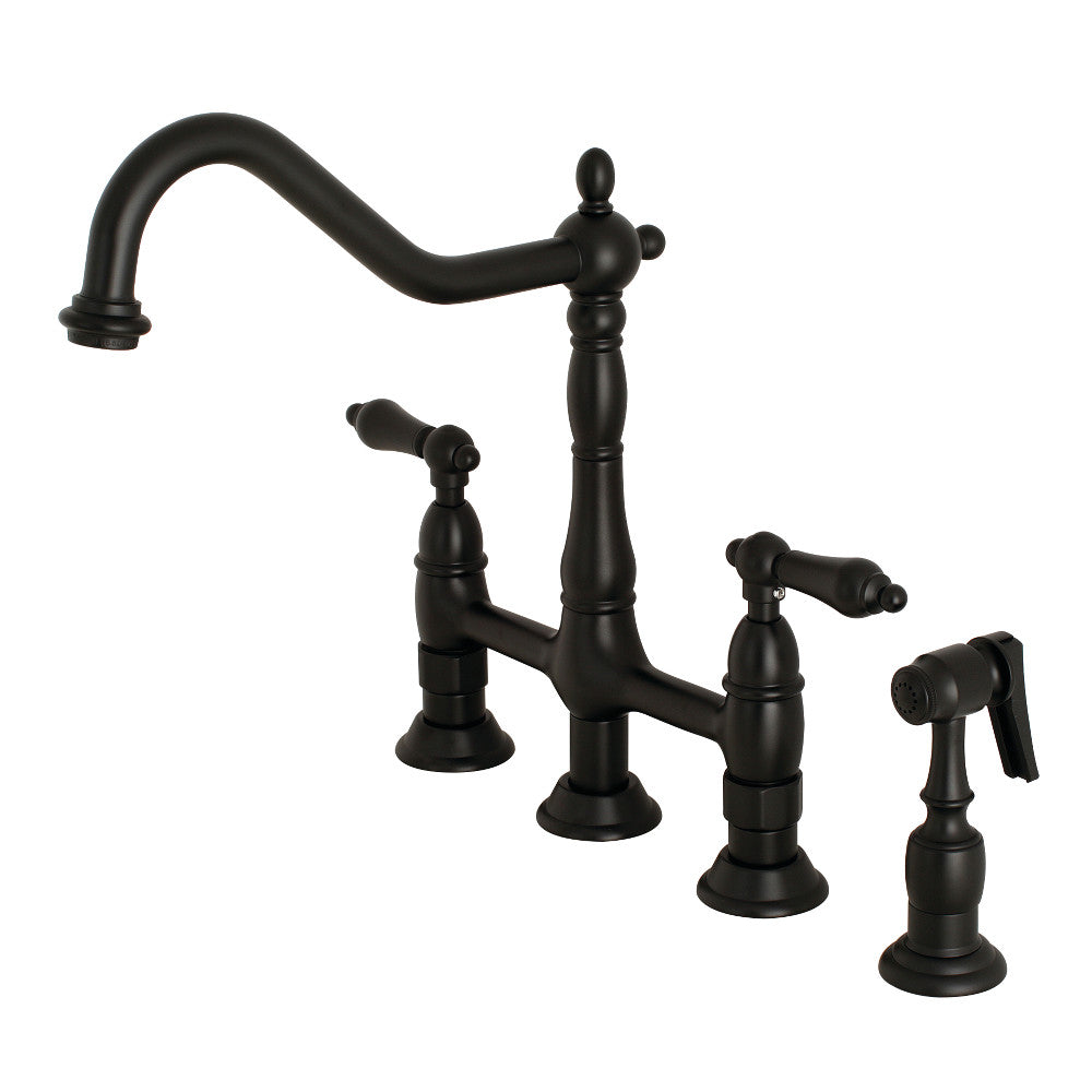 Kingston Brass KS1270ALBS Heritage Bridge Kitchen Faucet with Brass Sprayer, Matte Black - BNGBath