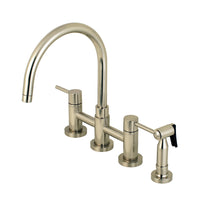 Thumbnail for Kingston Brass KS8278DLBS Concord Two-Handle Bridge Kitchen Faucet with Brass Side Sprayer, Brushed Nickel - BNGBath