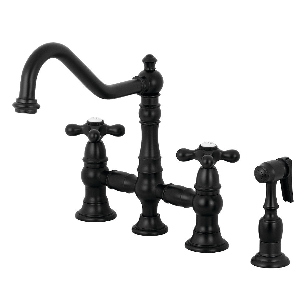 Kingston Brass KS3270AXBS Restoration 8" Bridge Kitchen Faucet with Sprayer, Matte Black - BNGBath