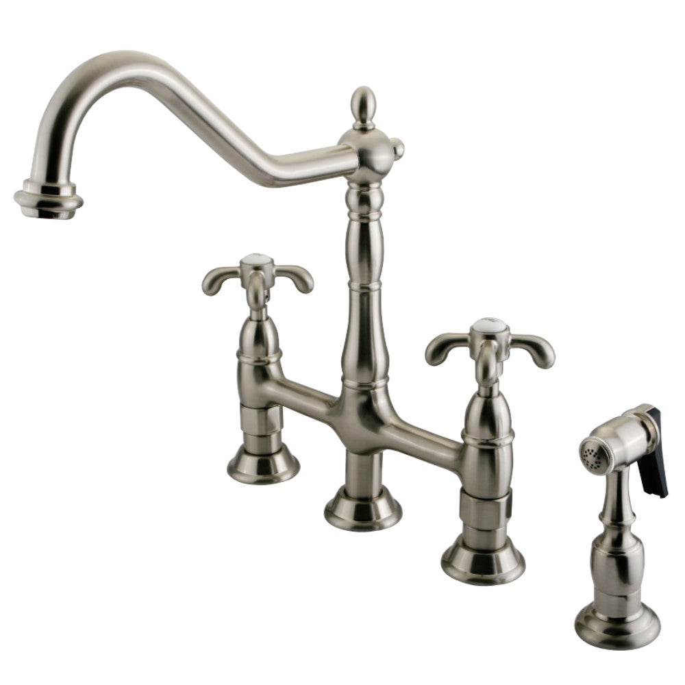 Kingston Brass KS1278TXBS French Country Bridge Kitchen Faucet with Brass Sprayer, Brushed Nickel - BNGBath