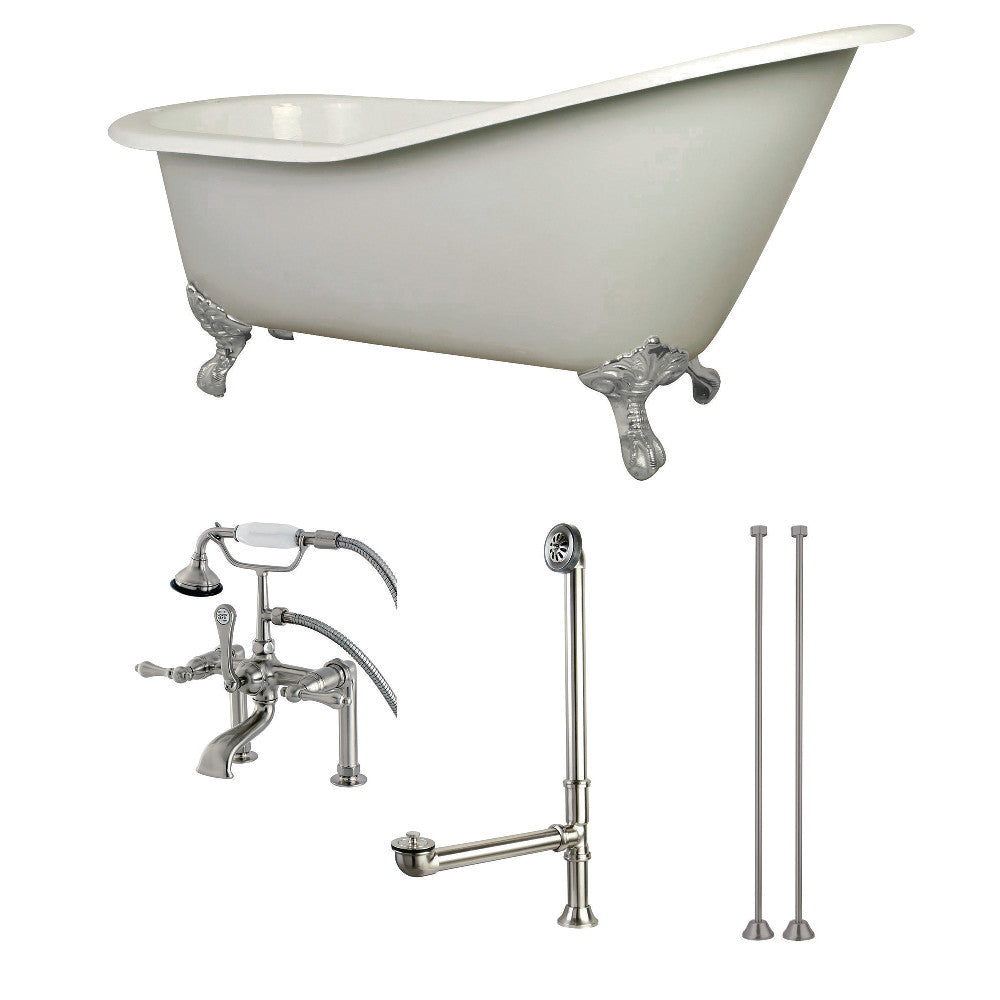 62-Inch Cast Iron Single Slipper Clawfoot Tub Combo W/ Faucet and Supply Lines - BNGBath