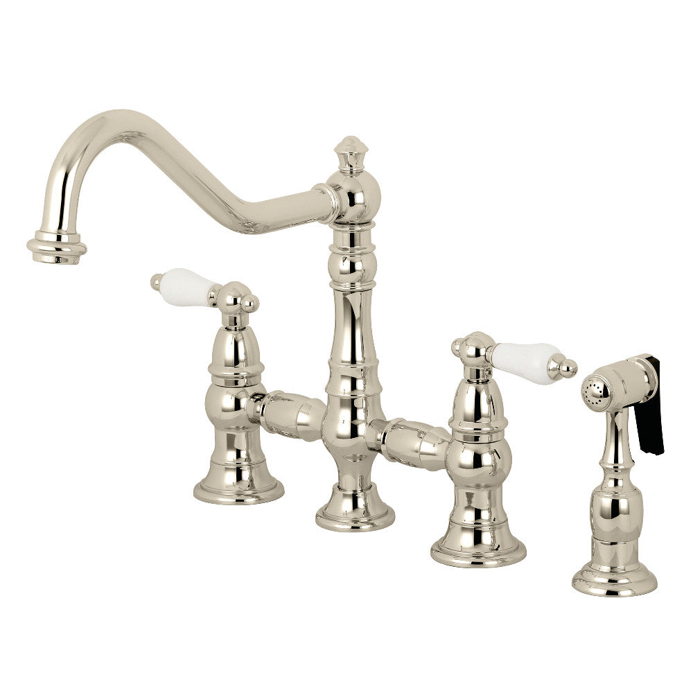 Kingston Brass KS3276PLBS Restoration 8" Bridge Kitchen Faucet with Sprayer, Polished Nickel - BNGBath