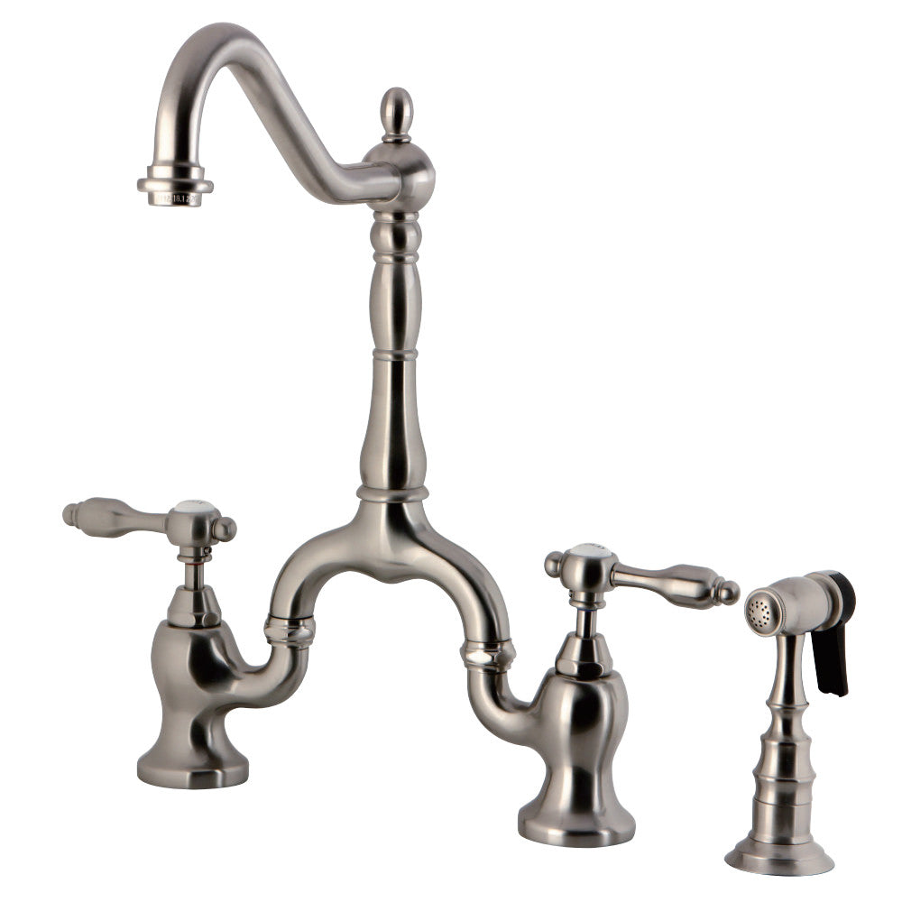 Kingston Brass KS7758TALBS Tudor Bridge Kitchen Faucet with Brass Sprayer, Brushed Nickel - BNGBath