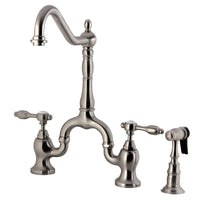 Thumbnail for Kingston Brass KS7758TALBS Tudor Bridge Kitchen Faucet with Brass Sprayer, Brushed Nickel - BNGBath