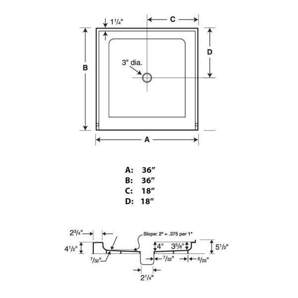 36" X 36" X 5.5"H Swan Veritek Shower Base - BNGBath