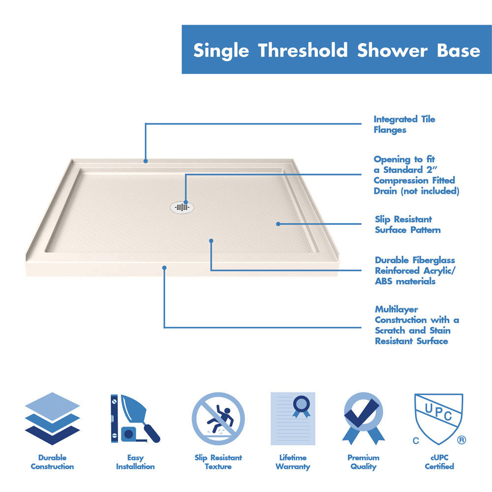 DreamLine Flex 34 in. D x 42 in. W x 74 3/4 in. H Semi-Frameless Pivot Shower Door and SlimLine Shower Base Kit - BNGBath