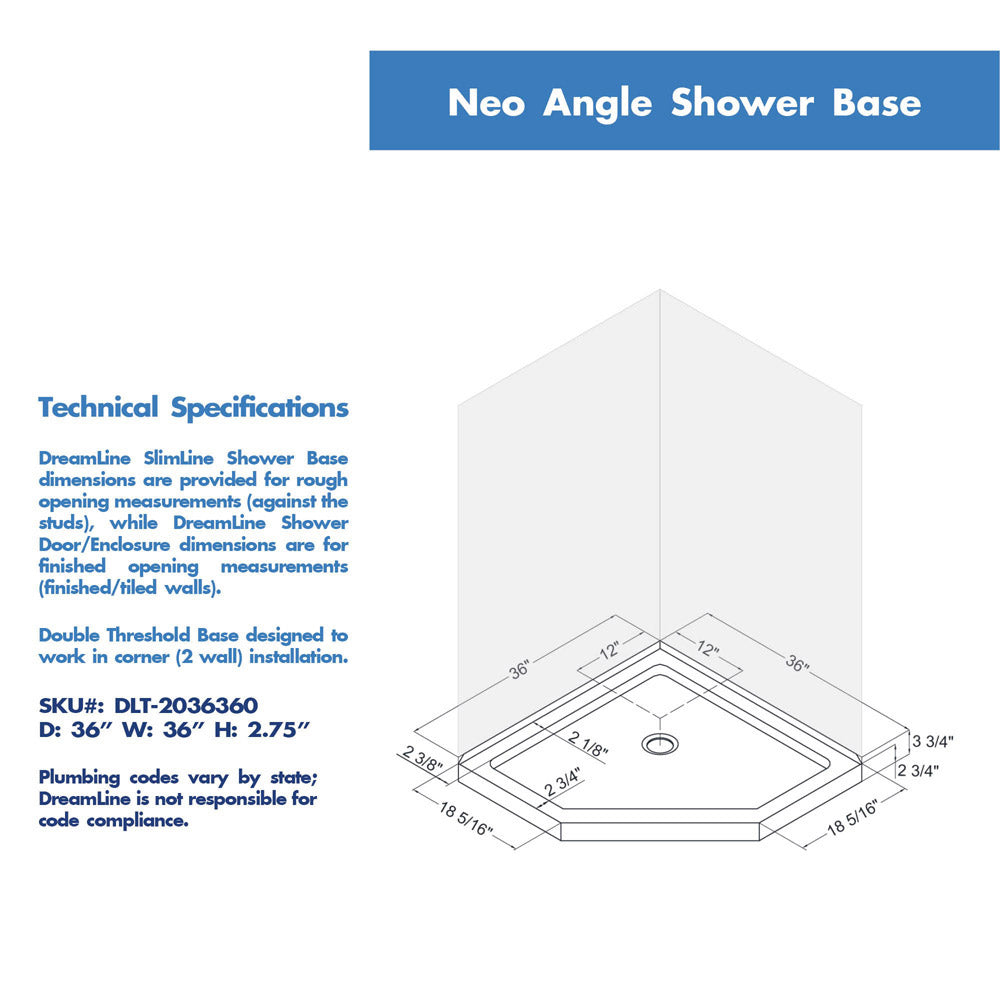 DreamLine Prism Lux 36 in. x 36 in. x 74 3/4 in. H Frameless Hinged Shower Enclosure and SlimLine Shower Base Kit - BNGBath