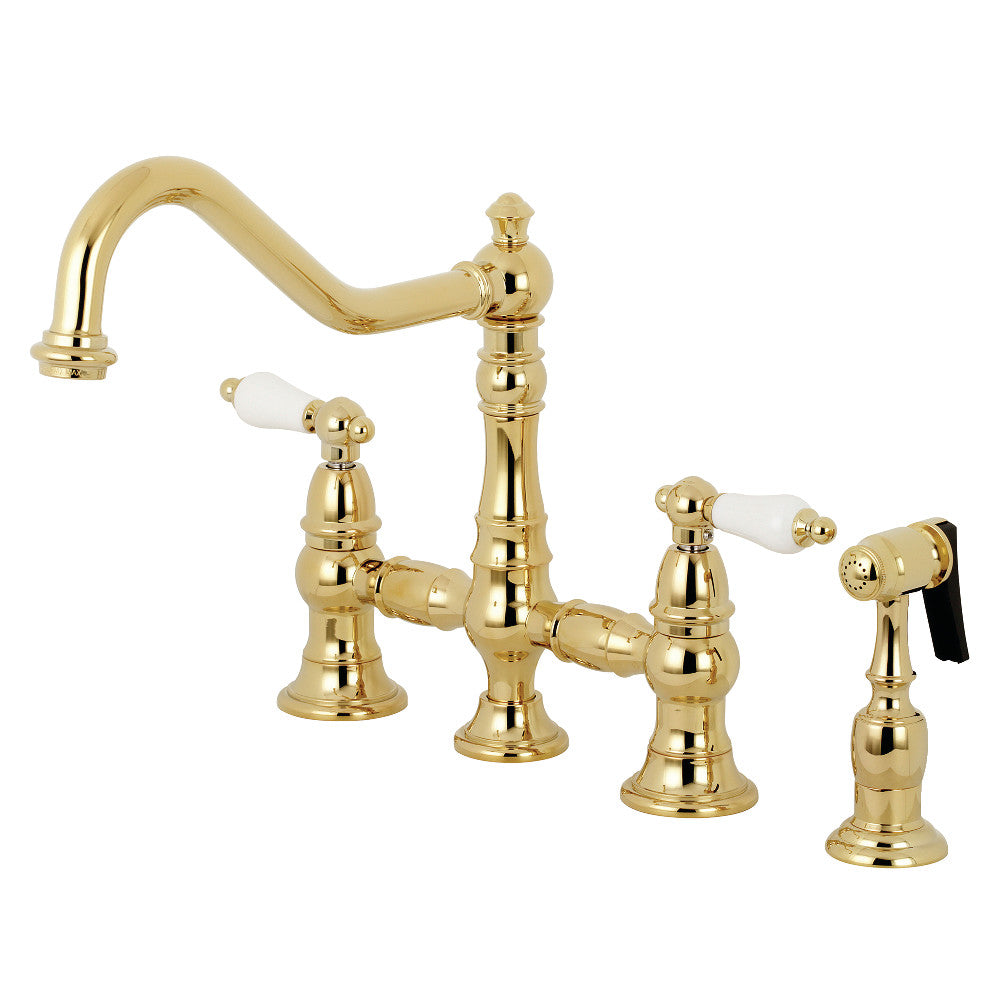 Kingston Brass KS3272PLBS Restoration 8" Bridge Kitchen Faucet with Sprayer, Polished Brass - BNGBath