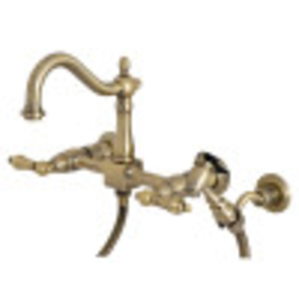 Kingston Brass KS1263ALBS Heritage Wall Mount Bridge Kitchen Faucet with Brass Sprayer, Antique Brass - BNGBath