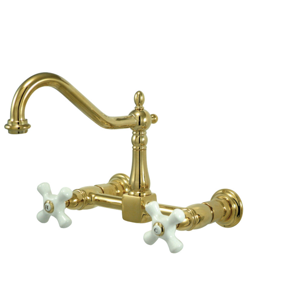 Kingston Brass KS1242PX Heritage Two-Handle Wall Mount Bridge Kitchen Faucet, Polished Brass - BNGBath