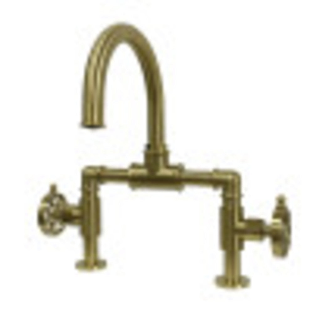 Kingston Brass KS2177RX Belknap Industrial Style Wheel Handle Bridge Bathroom Faucet with Pop-Up Drain, Brushed Brass - BNGBath