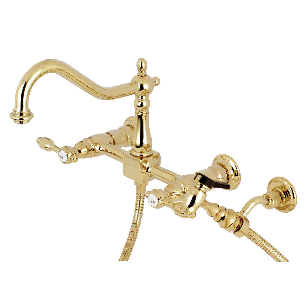 Kingston Brass KS1242TALBS Tudor Wall Mount Bridge Kitchen Faucet with Brass Sprayer, Polished Brass - BNGBath