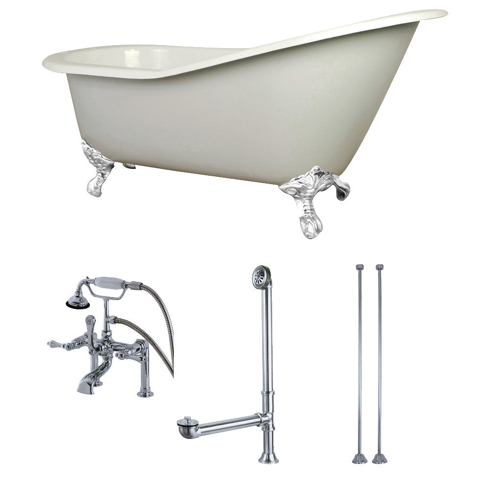 62-Inch Cast Iron Single Slipper Clawfoot Tub Combo W/ Faucet and Supply Lines - BNGBath