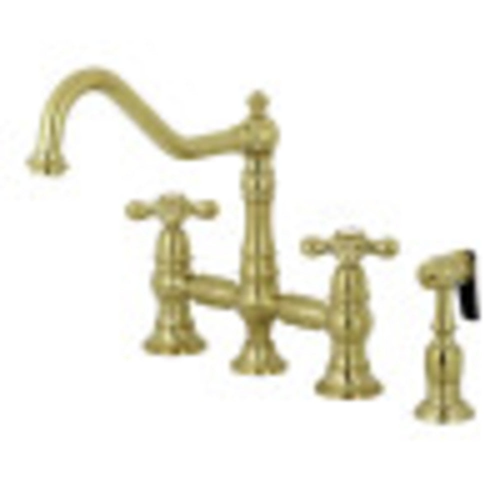 Kingston Brass KS3277AXBS Restoration 8-Inch Bridge Kitchen Faucet with Sprayer, Brushed Brass - BNGBath