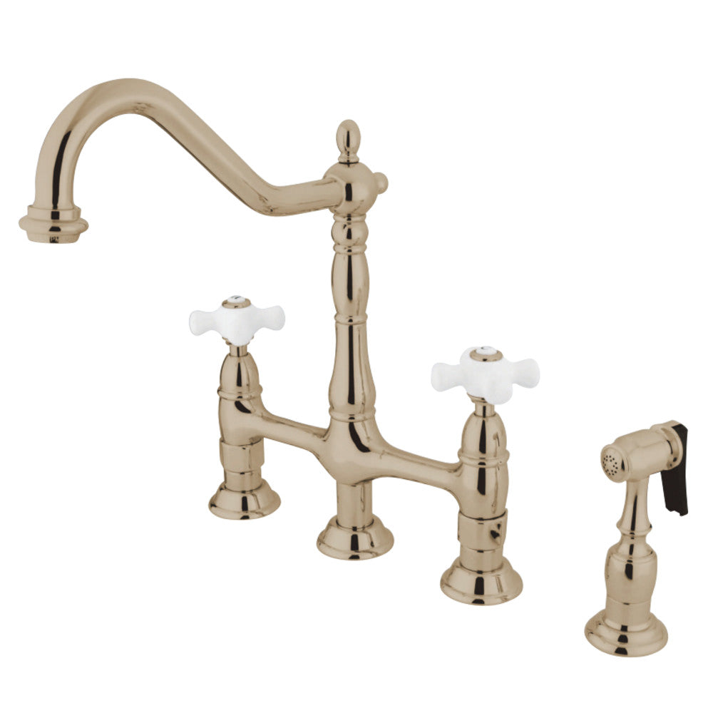 Kingston Brass KS1276PXBS Heritage Bridge Kitchen Faucet with Brass Sprayer, Polished Nickel - BNGBath