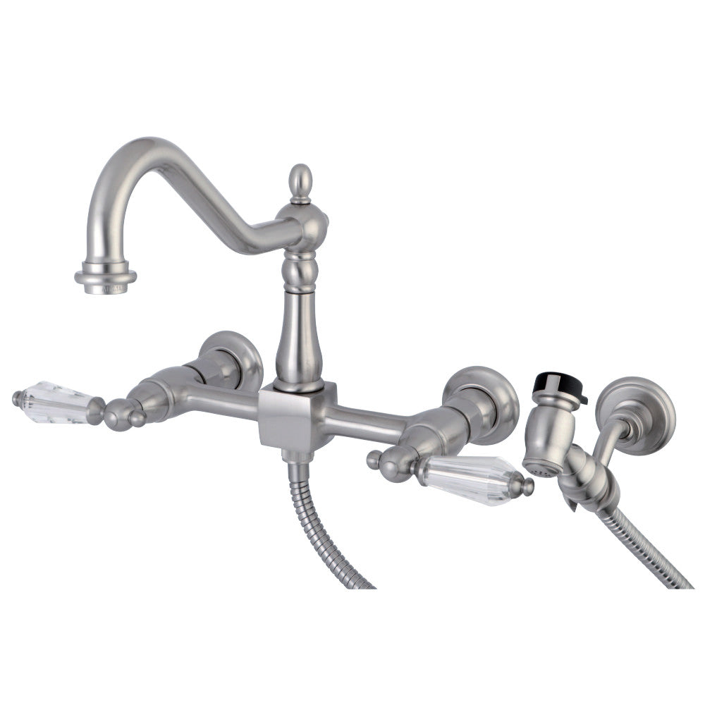 Kingston Brass KS1248WLLBS Wilshire Wall Mount Bridge Kitchen Faucet with Brass Sprayer, Brushed Nickel - BNGBath