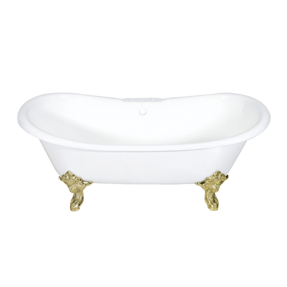 Aqua Eden VCT7DS7231NL2 72-Inch Cast Iron Double Slipper Clawfoot Tub with 7-Inch Faucet Drillings, White/Polished Brass - BNGBath