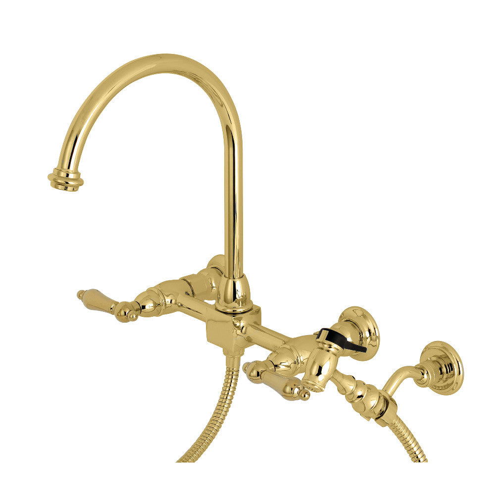 Kingston Brass KS1292ALBS Restoration Wall Mount Bridge Kitchen Faucet with Brass Sprayer, Polished Brass - BNGBath