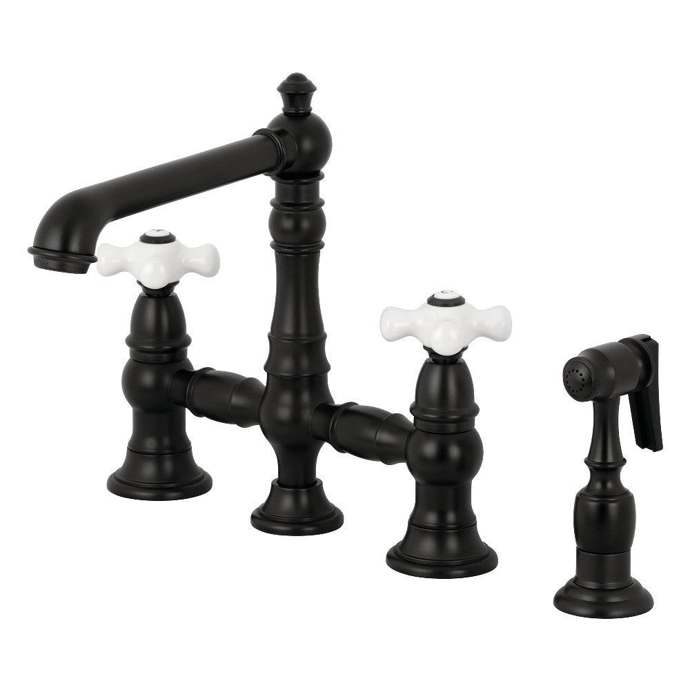 Kingston Brass KS7270PXBS English Country 8" Bridge Kitchen Faucet with Sprayer, Matte Black - BNGBath