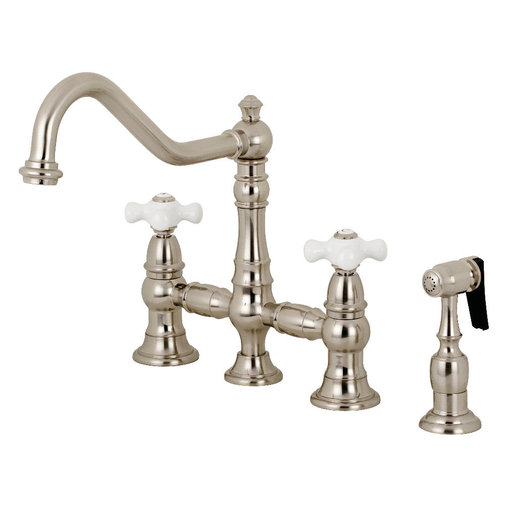 Kingston Brass KS3278PXBS Restoration 8" Bridge Kitchen Faucet with Sprayer, Brushed Nickel - BNGBath