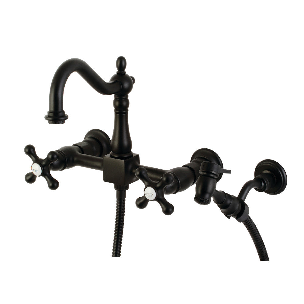 Kingston Brass KS1260AXBS Heritage Wall Mount Bridge Kitchen Faucet with Brass Sprayer, Matte Black - BNGBath