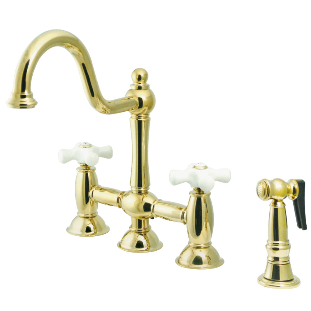 Kingston Brass KS3792PXBS Restoration Bridge Kitchen Faucet with Brass Sprayer, Polished Brass - BNGBath