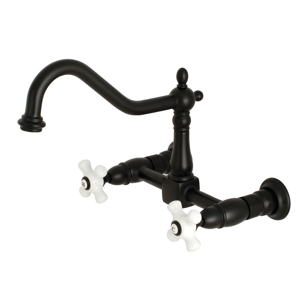 Kingston Brass KS1240PX Heritage Two-Handle Wall Mount Bridge Kitchen Faucet, Matte Black - BNGBath