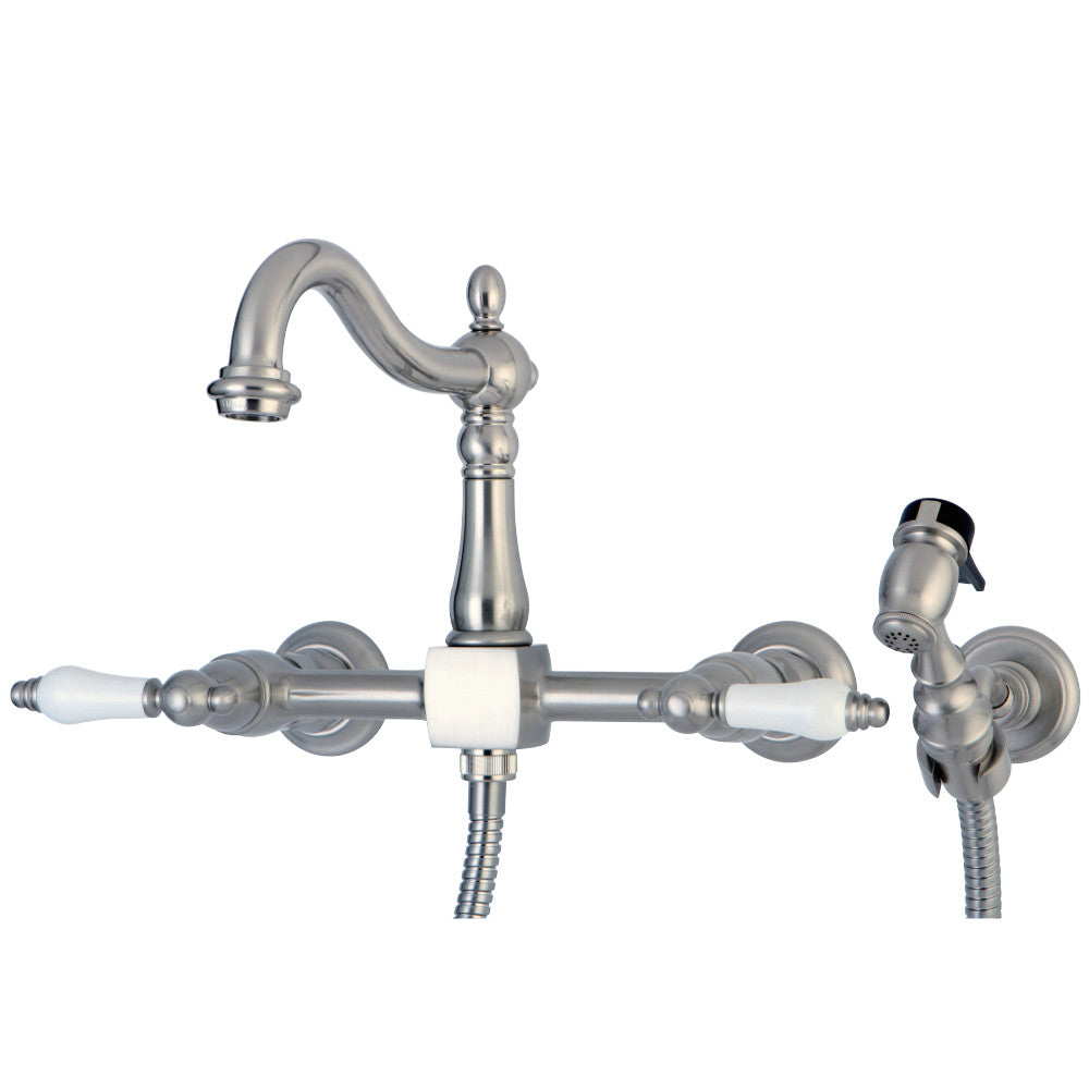 Kingston Brass KS1268PLBS Heritage Wall Mount Bridge Kitchen Faucet with Brass Sprayer, Brushed Nickel - BNGBath