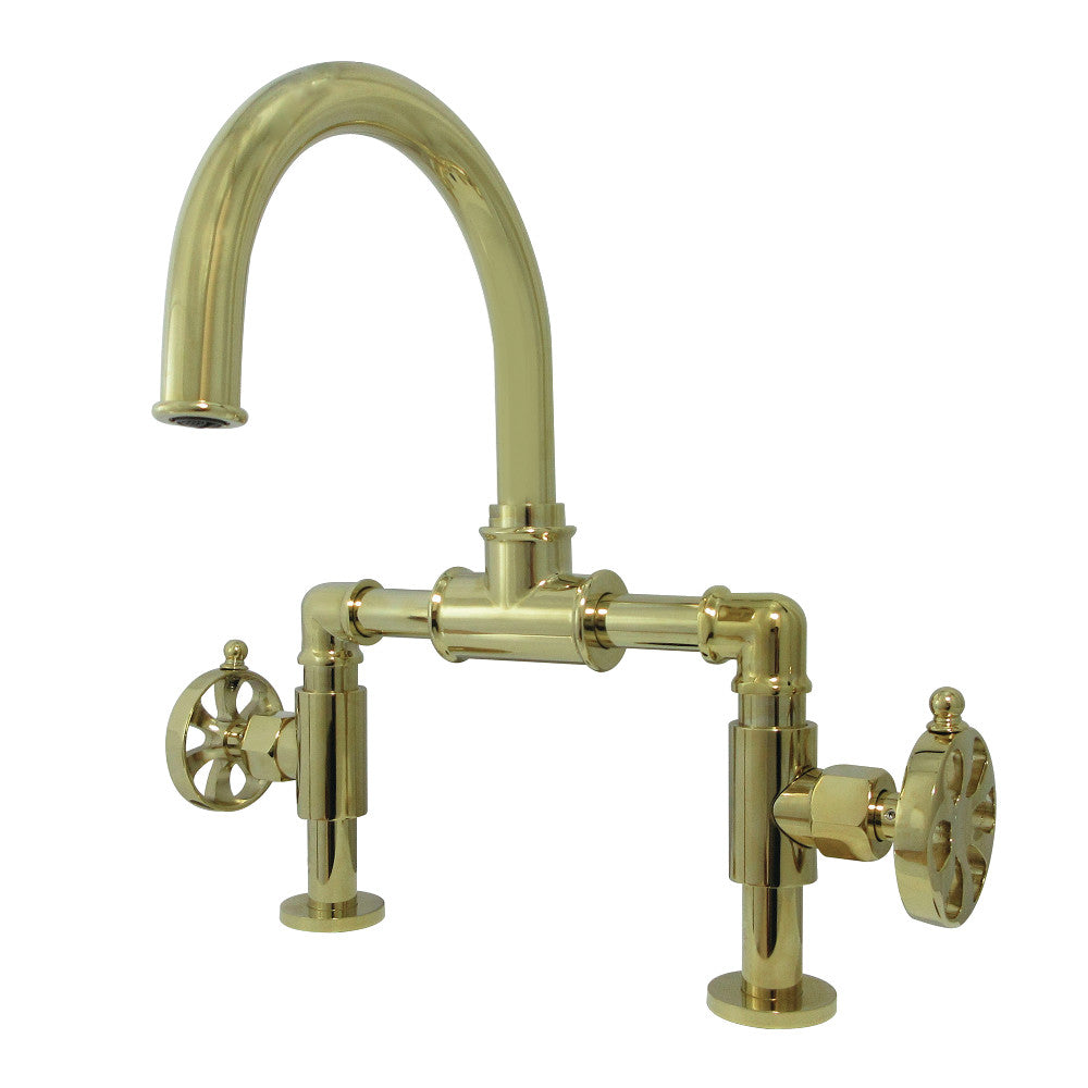 Kingston Brass KS2172RX Belknap Industrial Style Wheel Handle Bridge Bathroom Faucet with Pop-Up Drain, Polished Brass - BNGBath