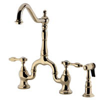 Thumbnail for Kingston Brass KS7752TALBS Tudor Bridge Kitchen Faucet with Brass Sprayer, Polished Brass - BNGBath