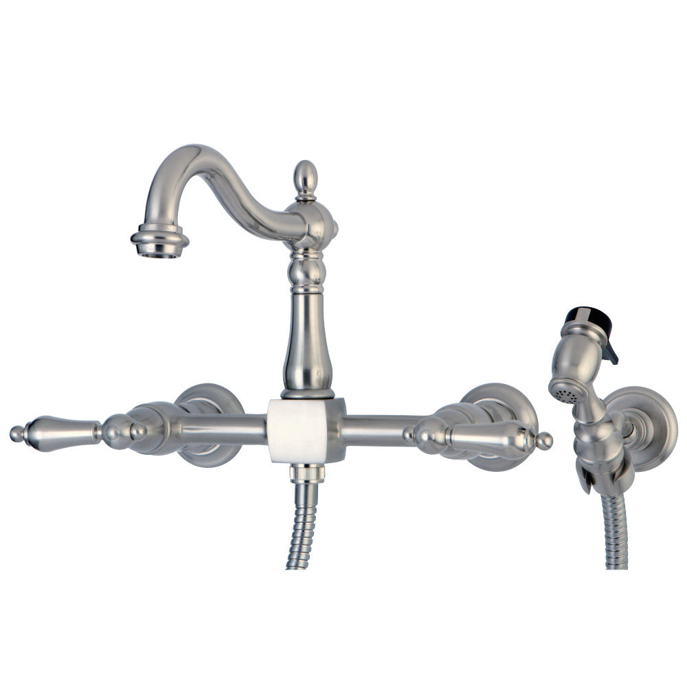 Kingston Brass KS1268ALBS Heritage Wall Mount Bridge Kitchen Faucet with Brass Sprayer, Brushed Nickel - BNGBath