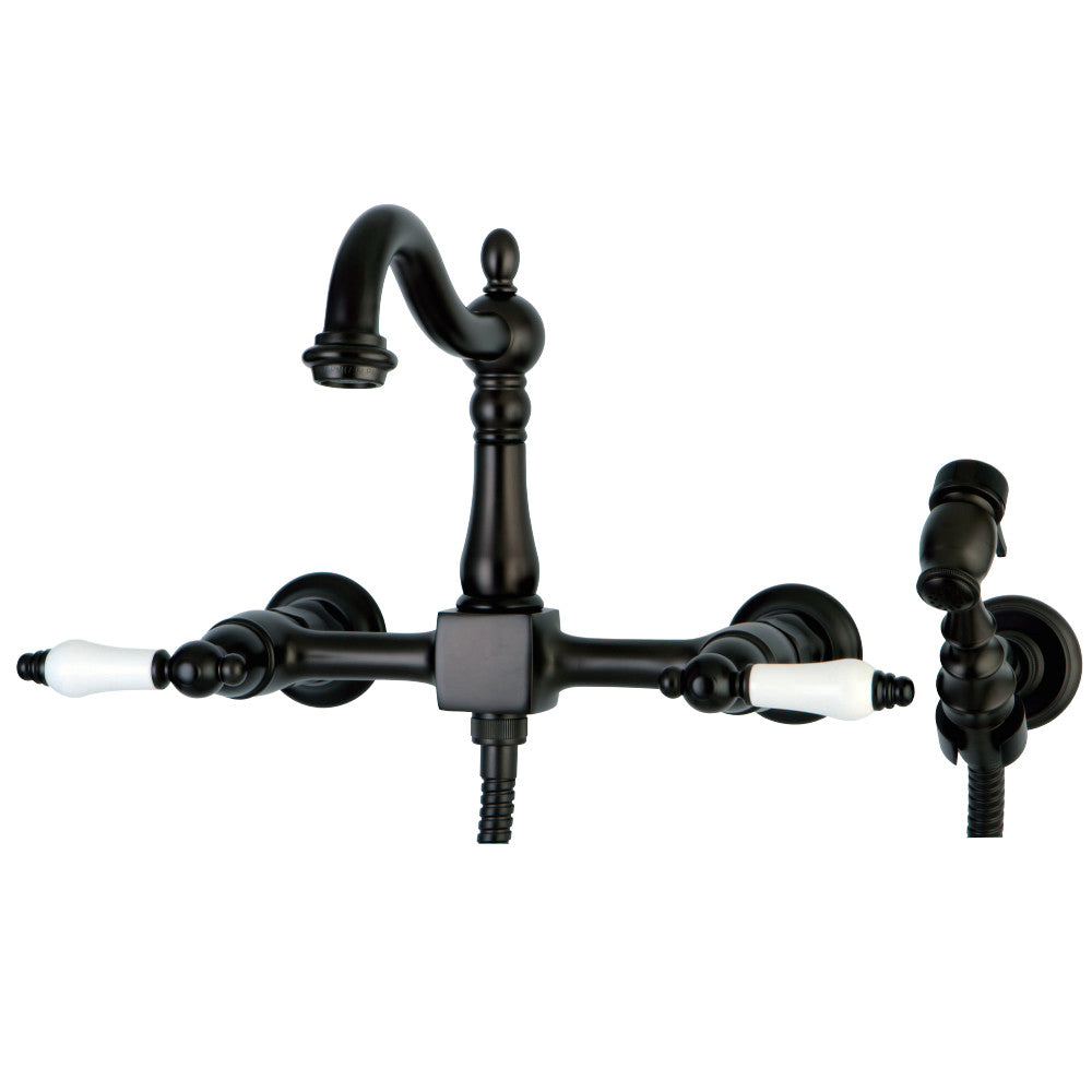 Kingston Brass KS1265PLBS Heritage Wall Mount Bridge Kitchen Faucet with Brass Sprayer, Oil Rubbed Bronze - BNGBath