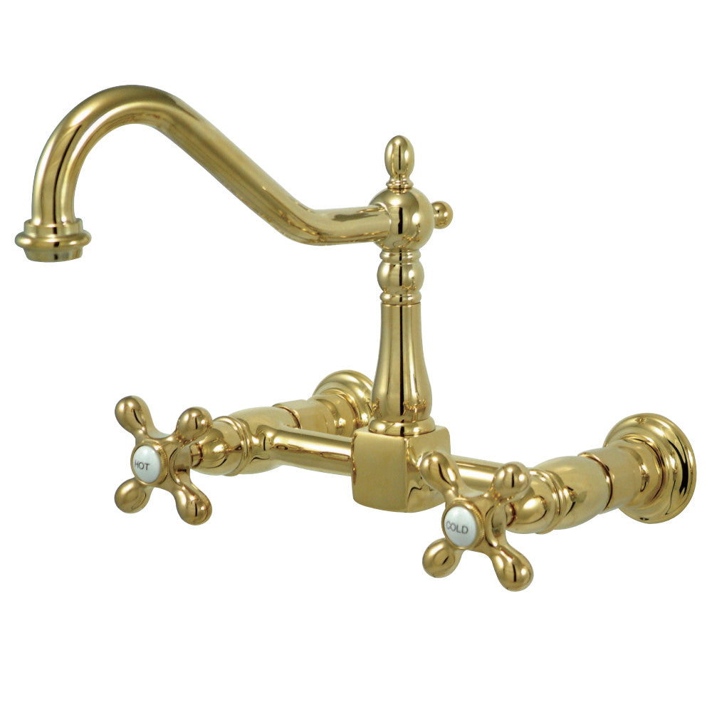 Kingston Brass KS1242AX Heritage Two-Handle Wall Mount Bridge Kitchen Faucet, Polished Brass - BNGBath