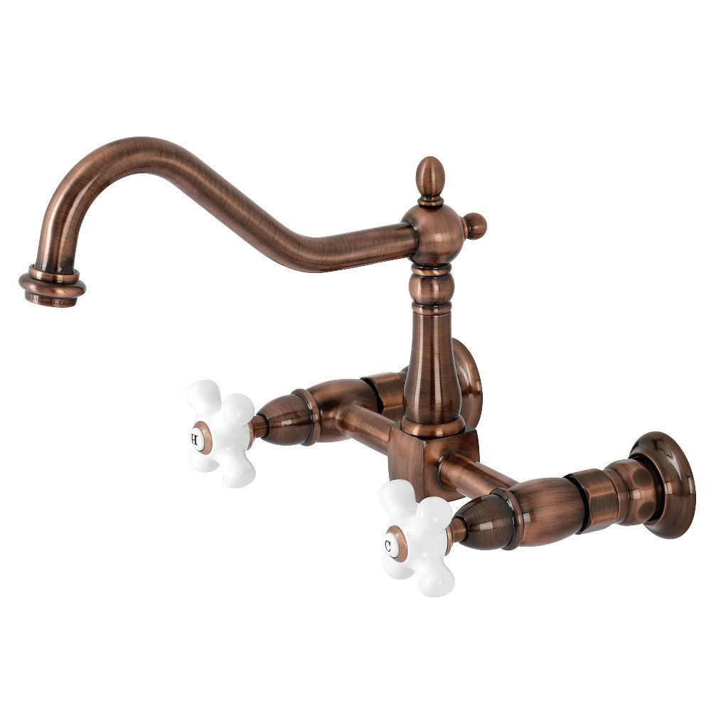 Kingston Brass KS124PXAC Heritage Two-Handle Wall Mount Bridge Kitchen Faucet, Antique Copper - BNGBath