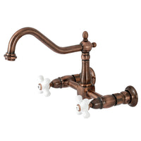 Thumbnail for Kingston Brass KS124PXAC Heritage Two-Handle Wall Mount Bridge Kitchen Faucet, Antique Copper - BNGBath