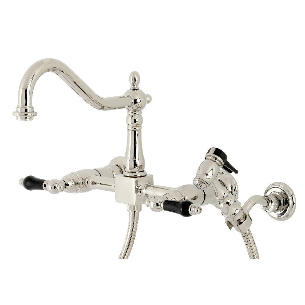 Kingston Brass KS1246PKLBS Duchess Two-Handle Wall Mount Bridge Kitchen Faucet with Brass Sprayer, Polished Nickel - BNGBath