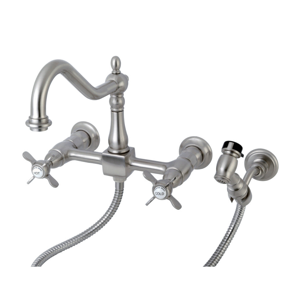 Kingston Brass KS1248BEXBS Essex Wall Mount Bridge Kitchen Faucet with Brass Sprayer, Brushed Nickel - BNGBath