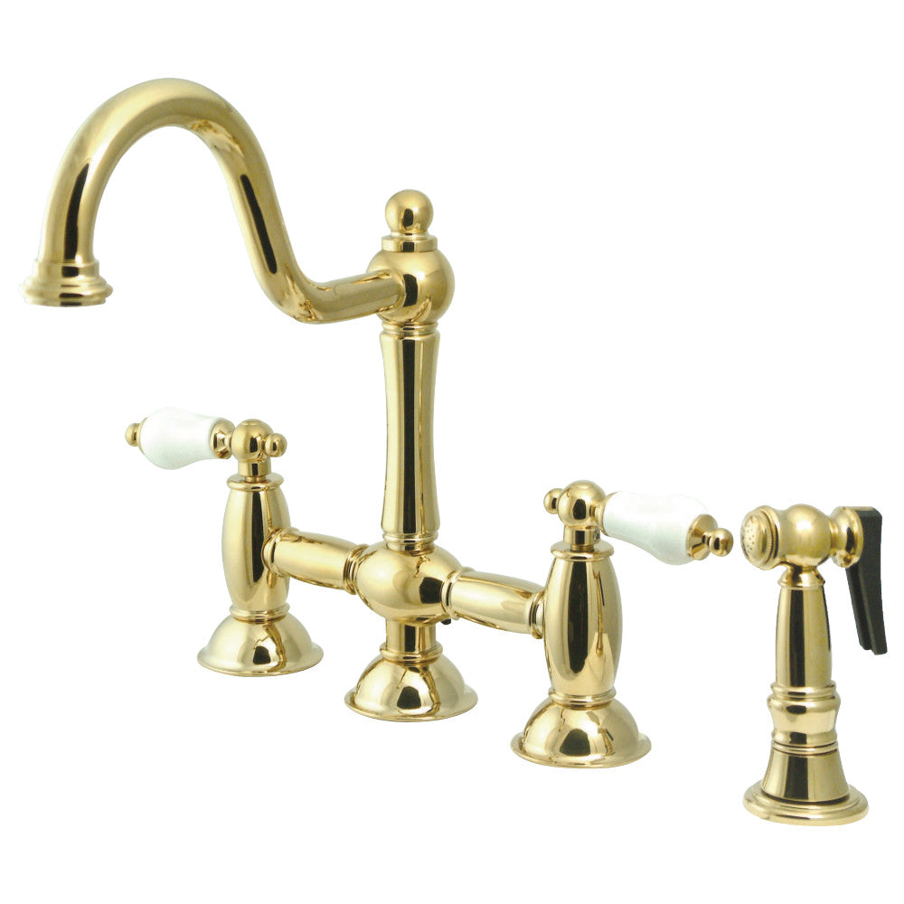 Kingston Brass KS3792PLBS Restoration Bridge Kitchen Faucet with Brass Sprayer, Polished Brass - BNGBath