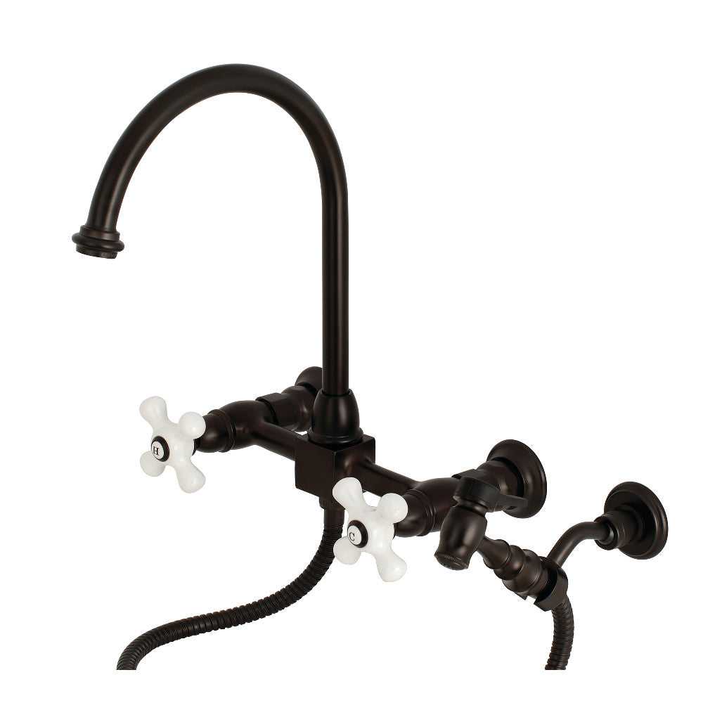 Kingston Brass KS1295PXBS Restoration Wall Mount Bridge Kitchen Faucet with Brass Sprayer, Oil Rubbed Bronze - BNGBath